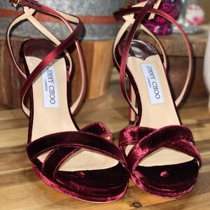 Jimmy Choo Burgundy Velvet And Satin Lola Cross Strap Sandals Size 39